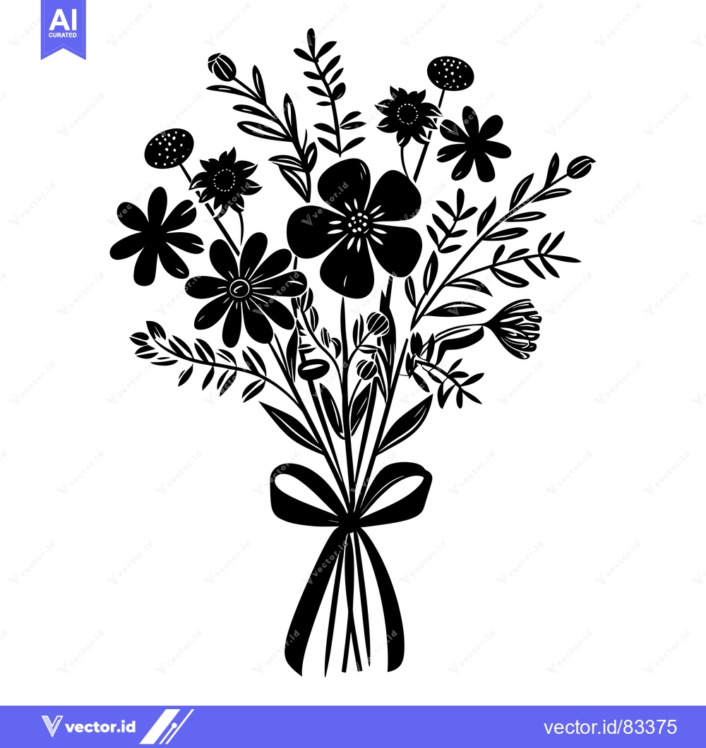 Premium Vector dari Black and White Silhouette of a Flower Bouquet with a Bow