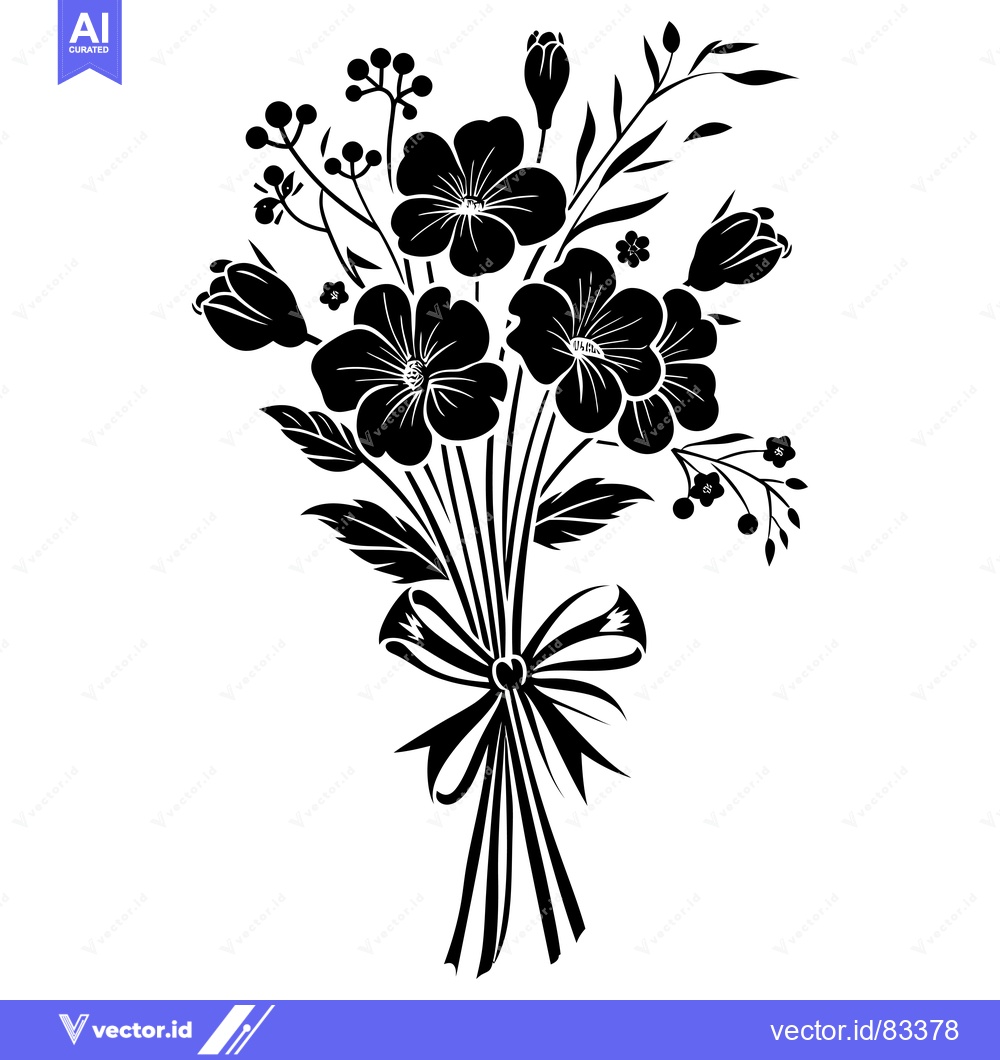 Premium Vector of Black and white silhouette of a floral bouquet with a bow