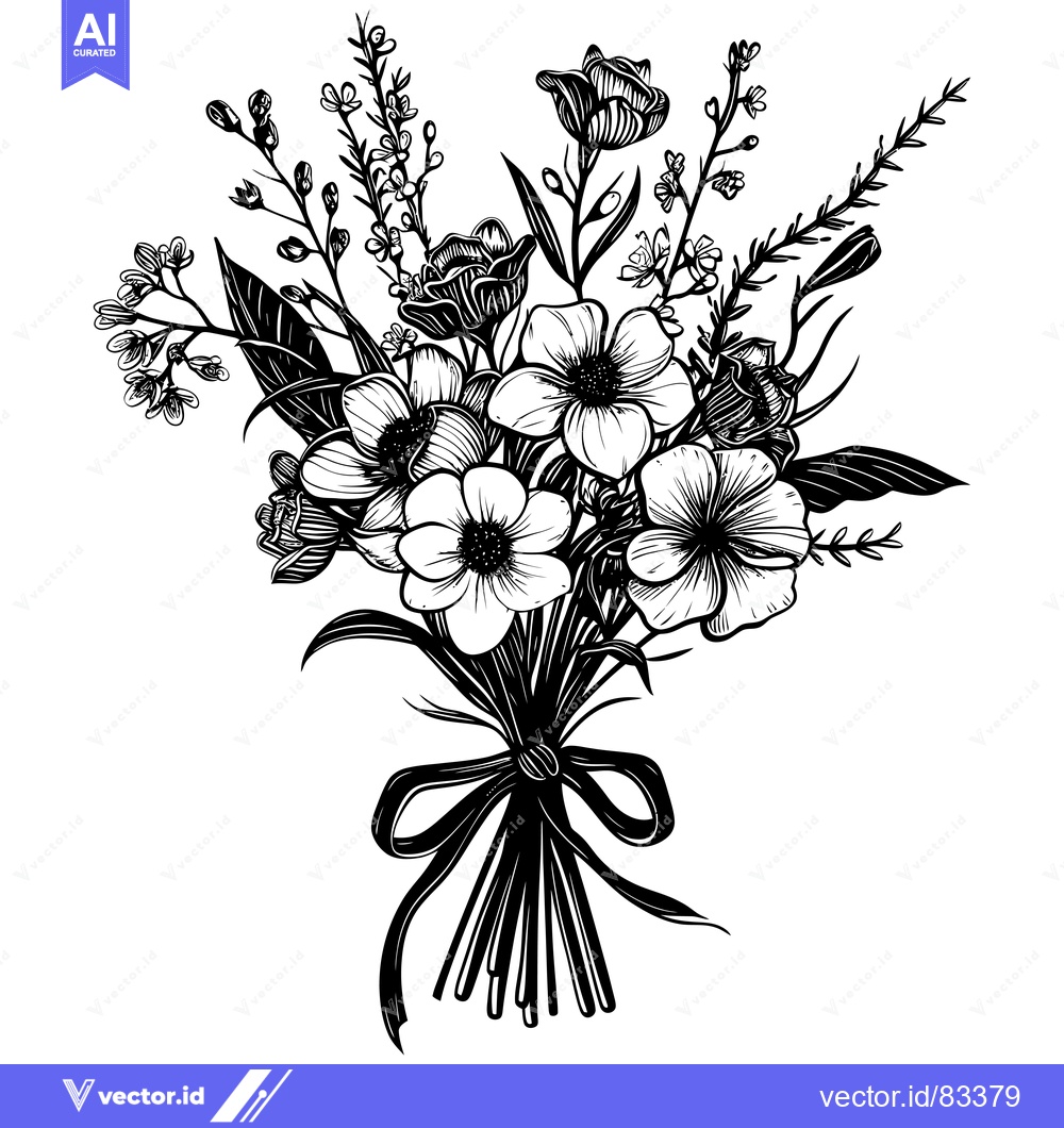 Premium Vector dari Black and White Illustration of a Bouquet of Flowers Tied with a Bow