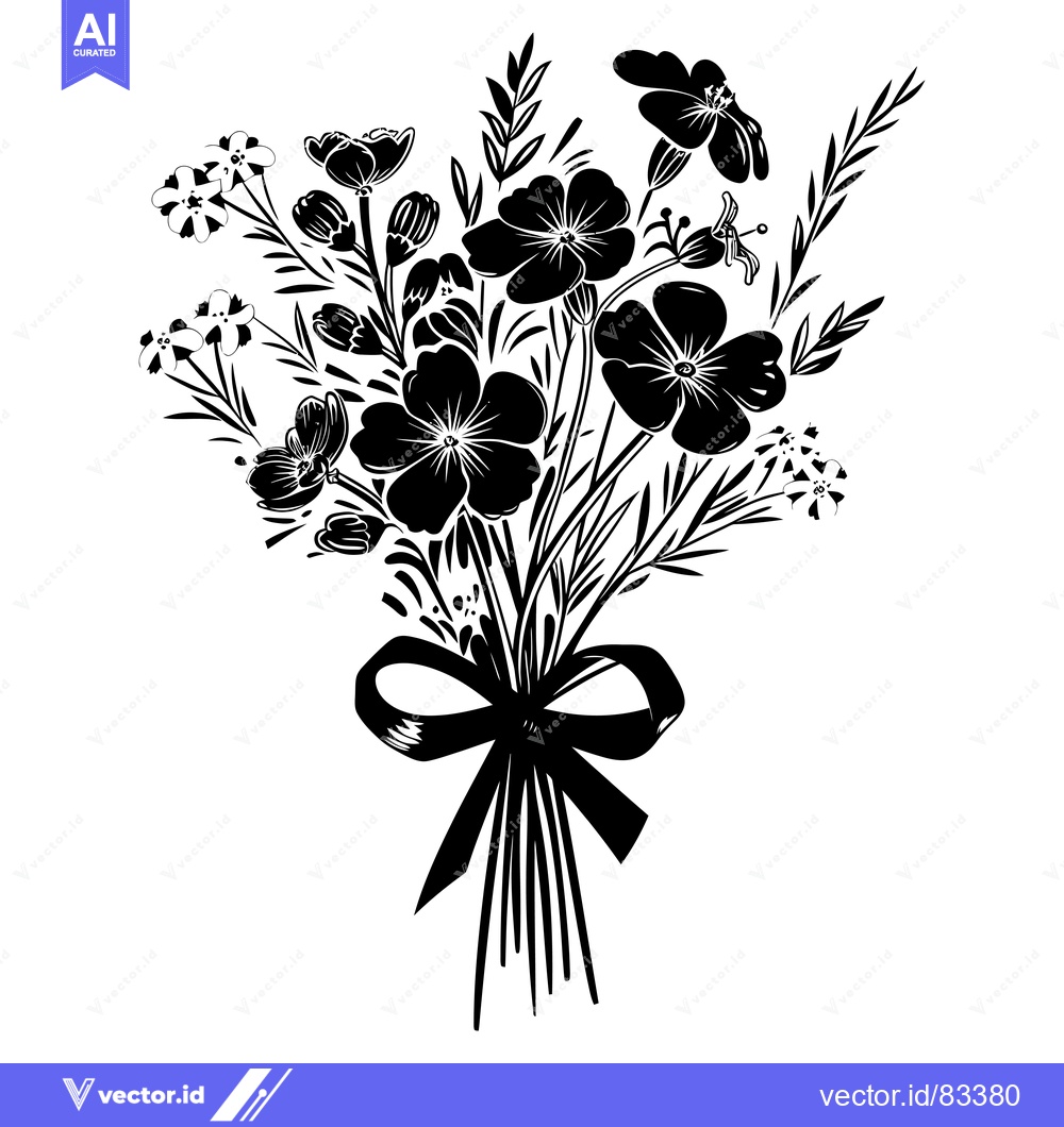 Premium Vector dari Black and White Silhouette of a Flower Bouquet with a Bow
