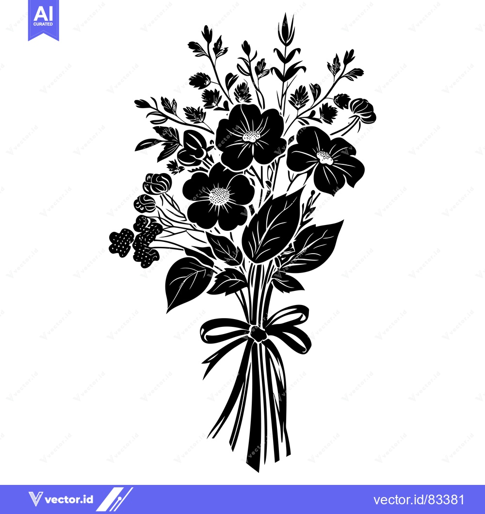Premium Vector of A Black and White Silhouette of a Bouquet of Flowers with a Bow