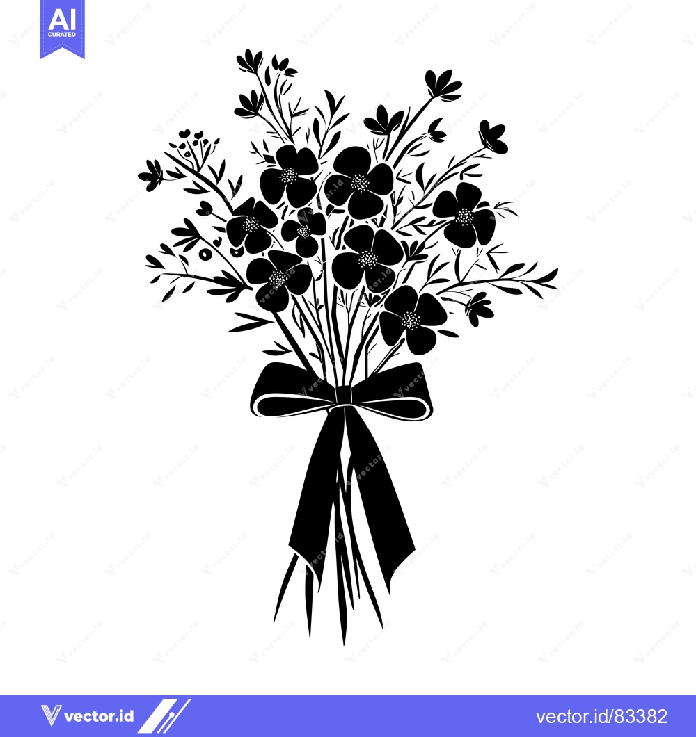 Premium Vector dari Black and White Silhouette of a Flower Bouquet with a Ribbon Bow