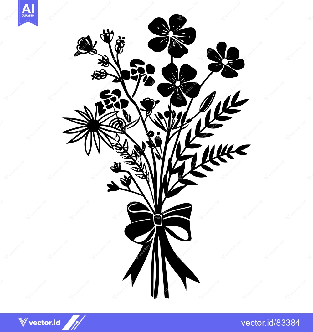 Premium Vector dari Black and white silhouette of a bouquet of flowers with a bow