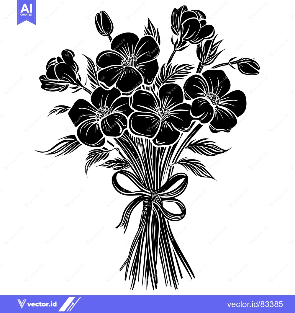 Premium Vector of A Black and White Silhouette of a Tied Bouquet of Flowers