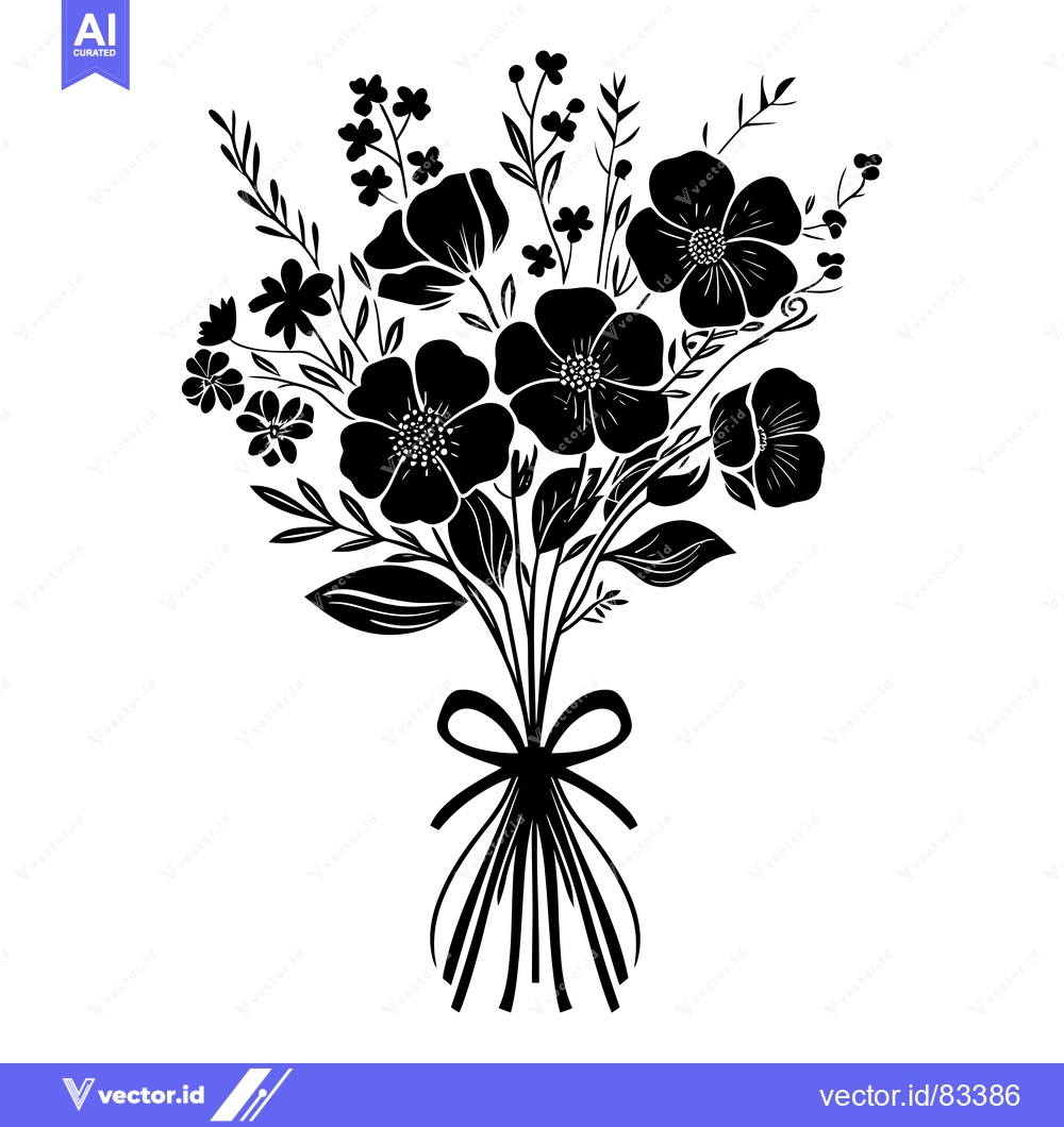 Premium Vector of Black and White Silhouette of a Floral Bouquet with a Bow