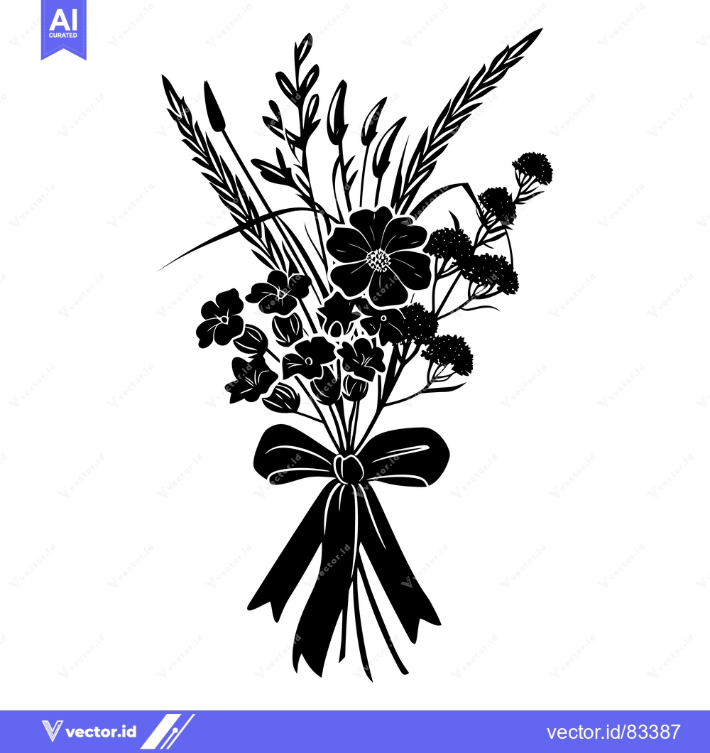 Premium Vector of Black and White Silhouette of a Bouquet of Flowers and Grass with a Ri