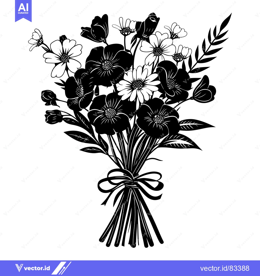 Premium Vector of Black and White Silhouette of a Tied Bouquet of Flowers