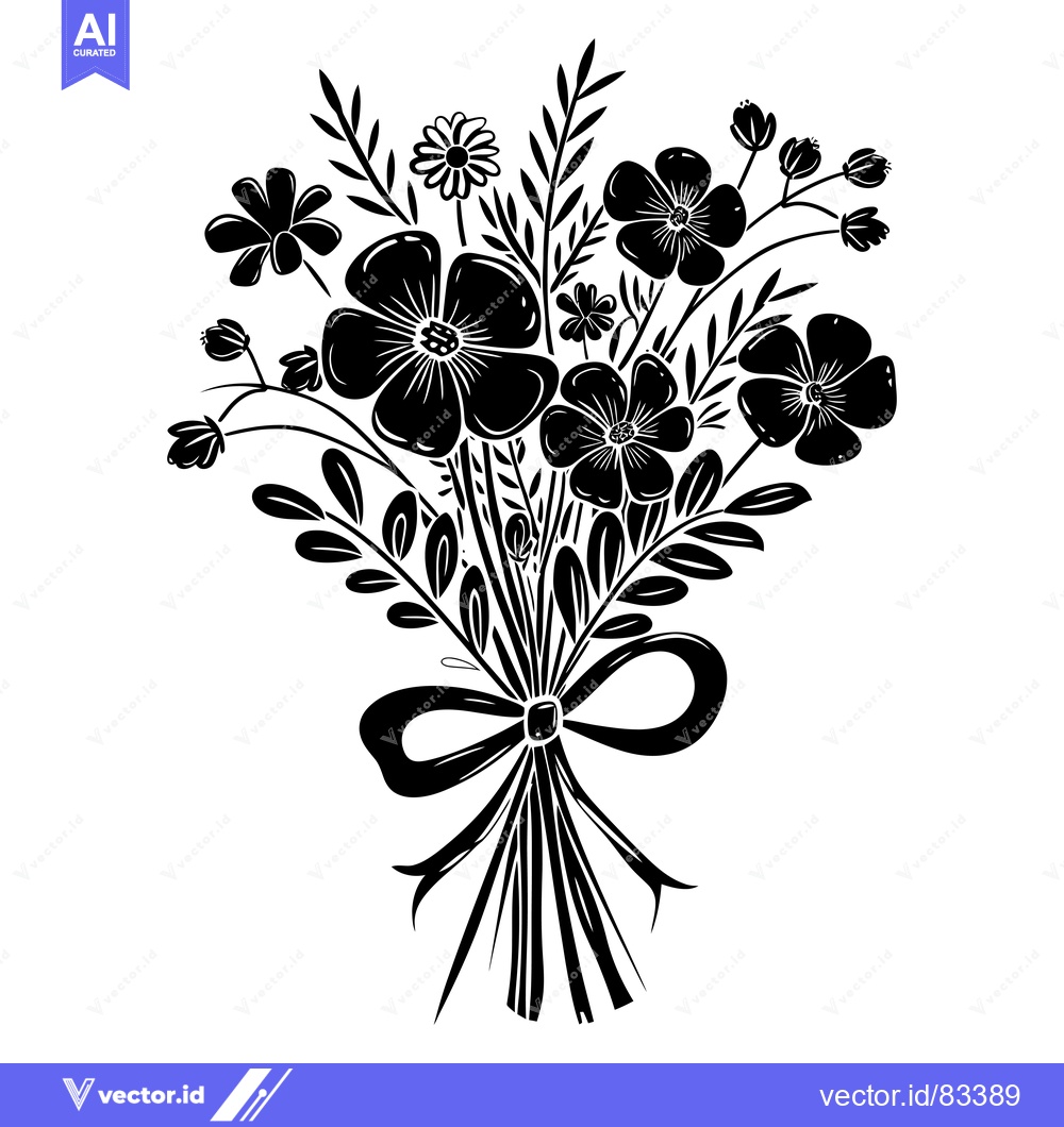Premium Vector of A black and white silhouette of a floral bouquet with a ribbon bow