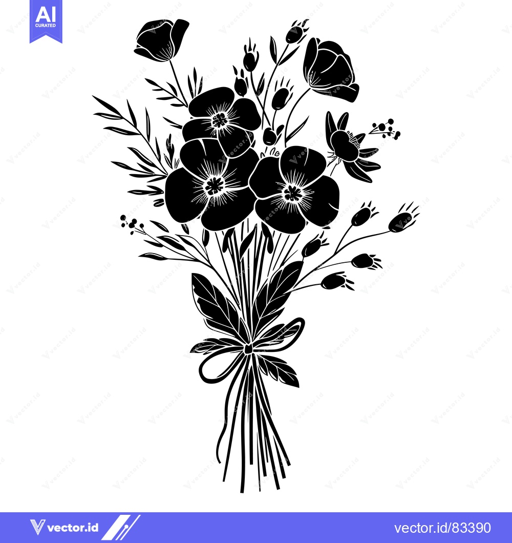 Premium Vector of Black and White Silhouette of a Tied Bouquet of Flowers