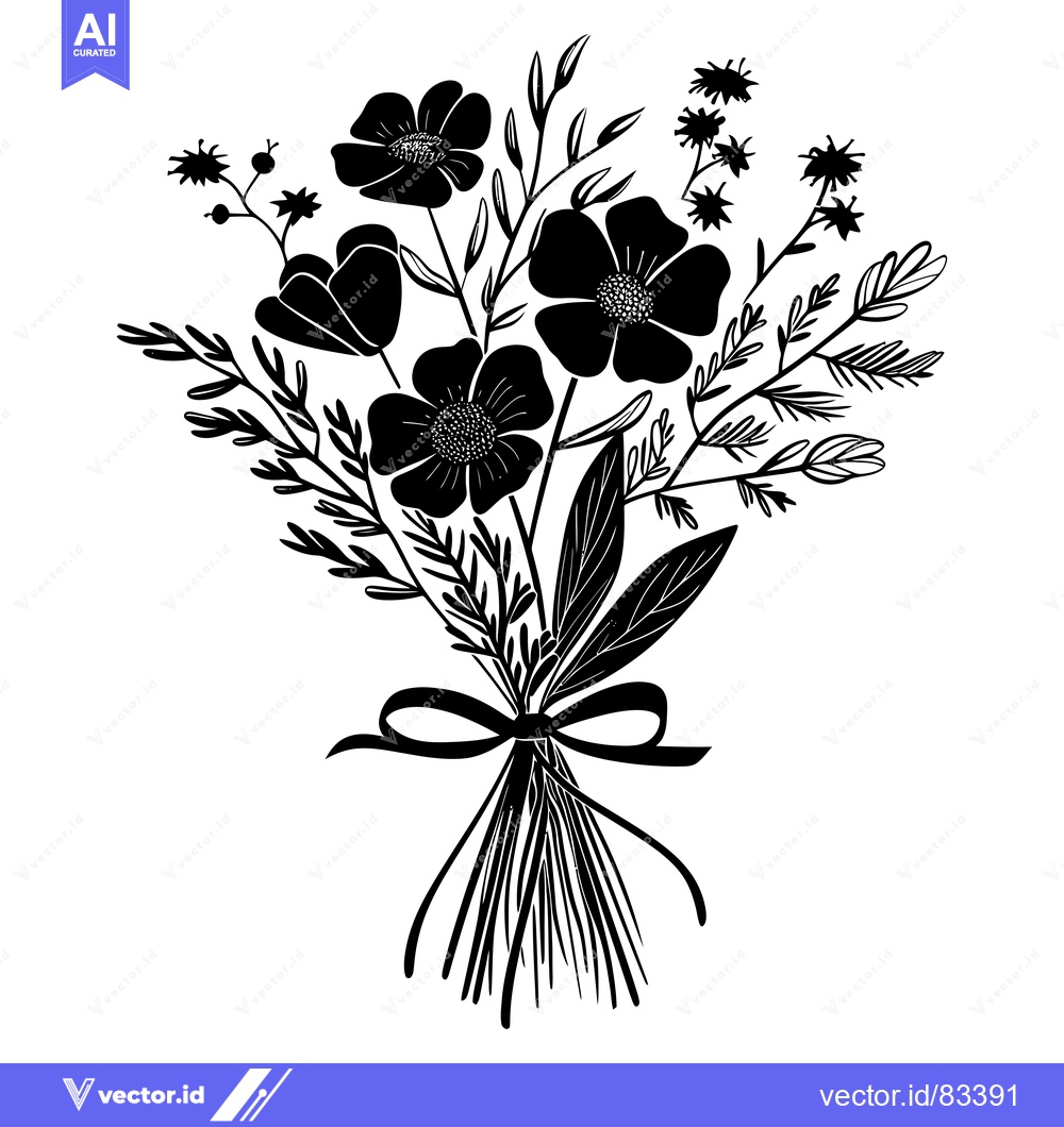Premium Vector of Black and White Silhouette of a Bouquet of Flowers with a Bow