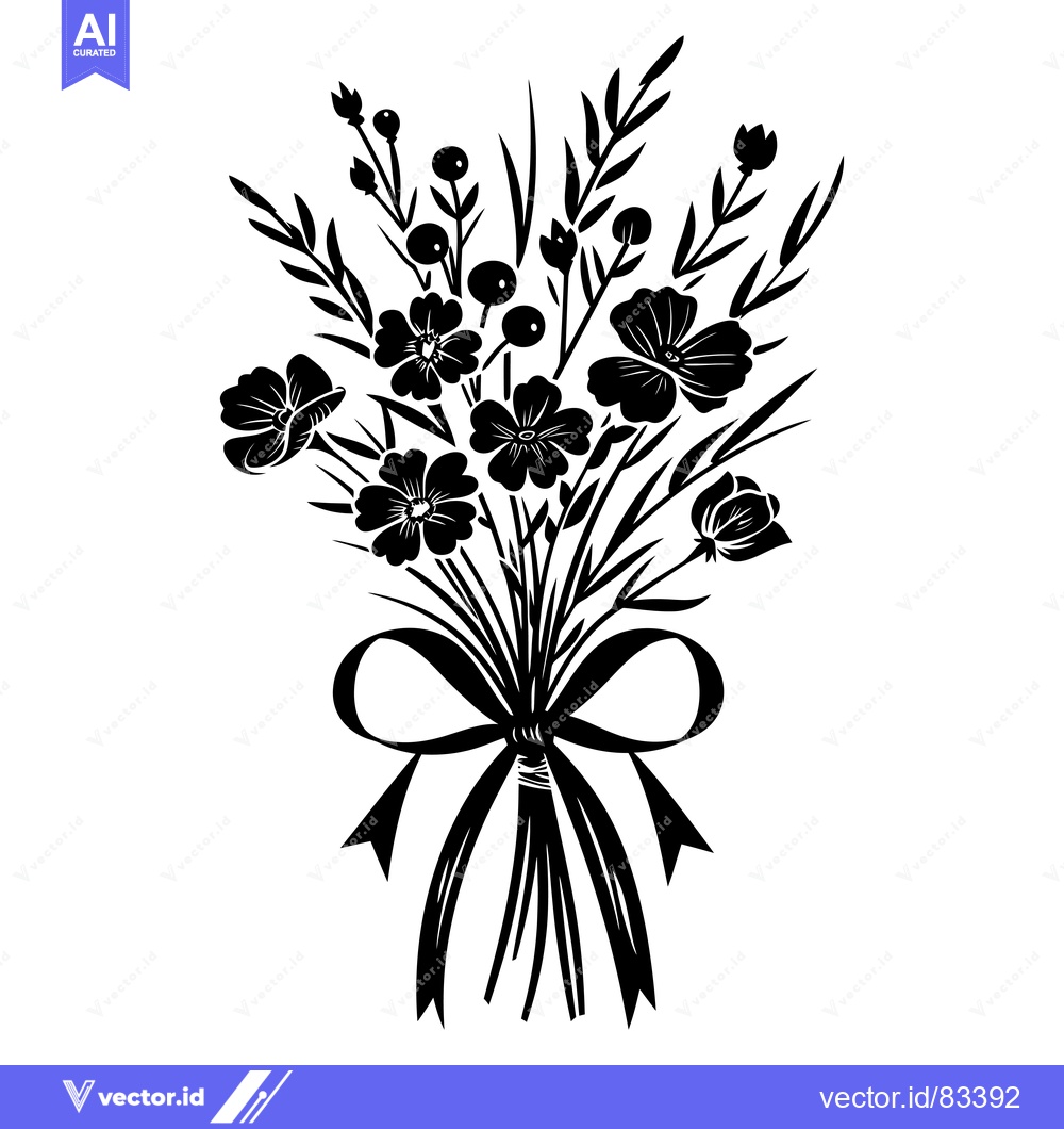 Premium Vector dari Black and White Silhouette of a Flower Bouquet with a Bow