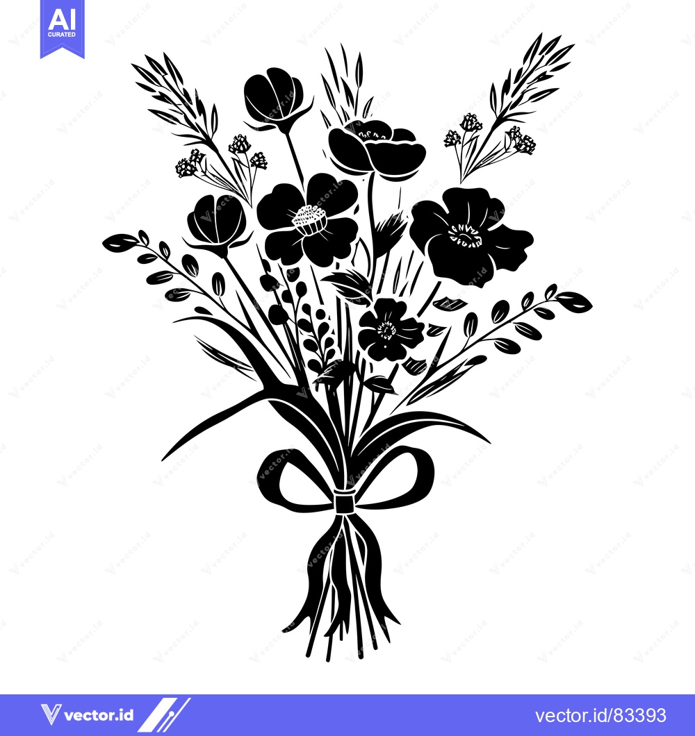 Premium Vector dari Black and White Silhouette of a Bouquet of Flowers with a Bow