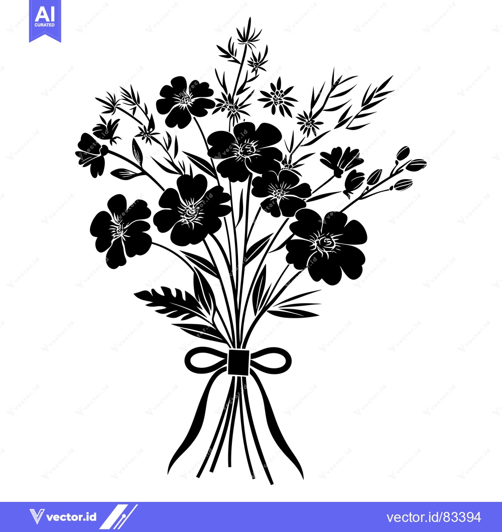 Premium Vector dari Black and white silhouette of a bouquet of flowers tied with a ribbon