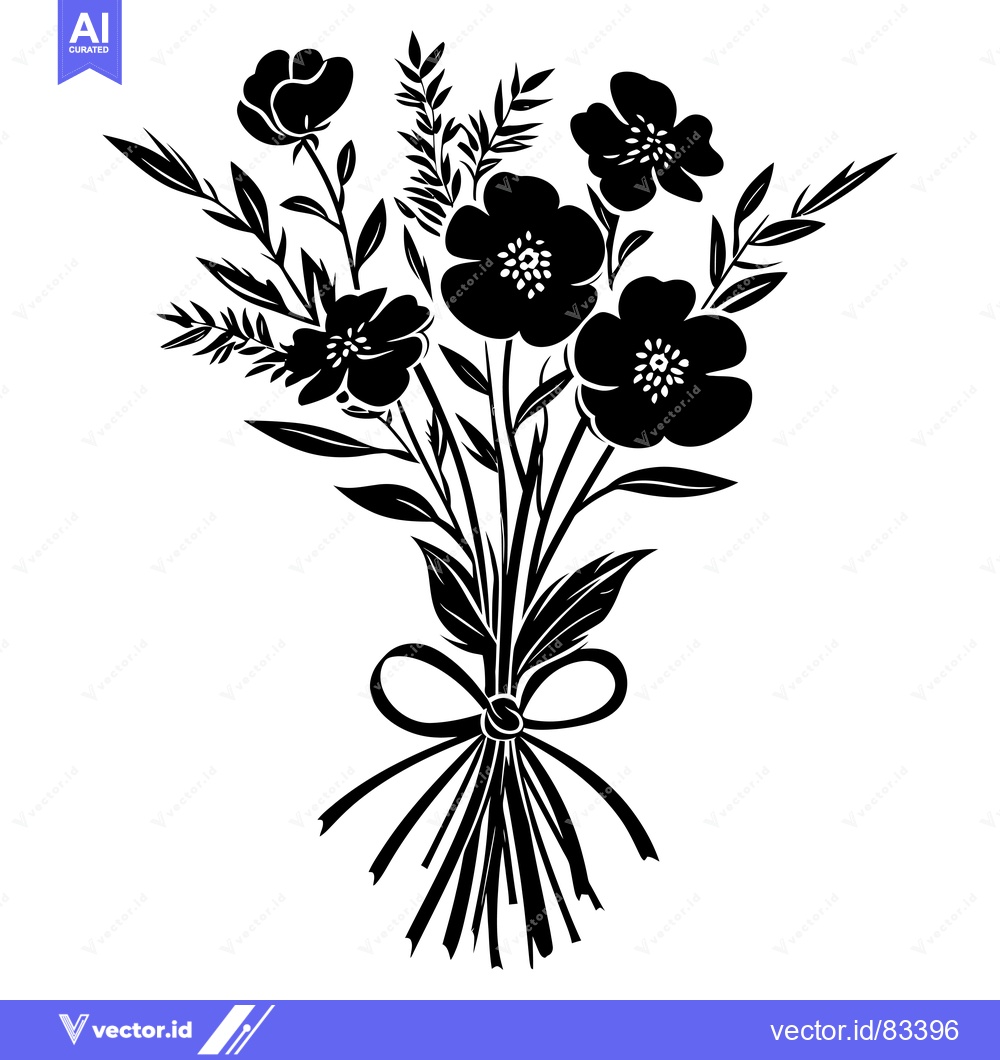 Premium Vector of A Silhouette Bouquet of Black Flowers with a Bow
