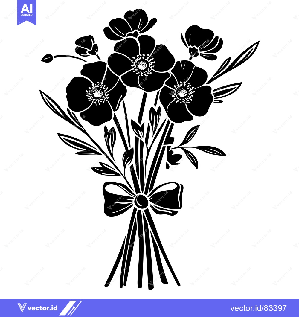 Premium Vector of Black and White Silhouette of a Flower Bouquet with a Bow