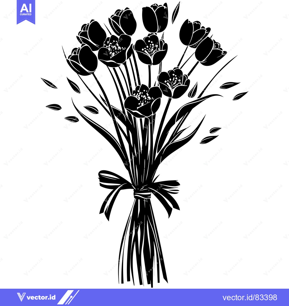 Premium Vector of A Silhouette of a Bouquet of Tulips Tied with a Ribbon
