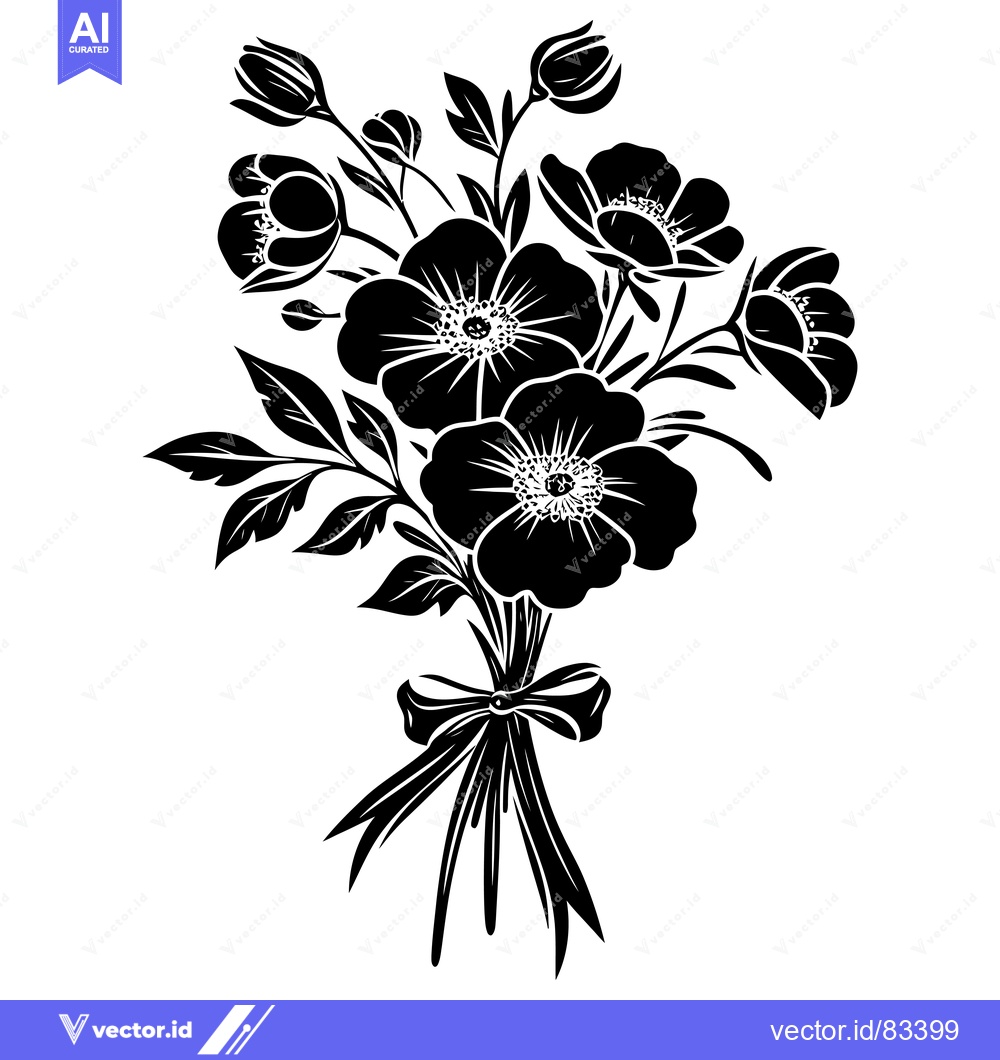 Premium Vector of Black and White Silhouette of a Bouquet of Flowers with a Bow