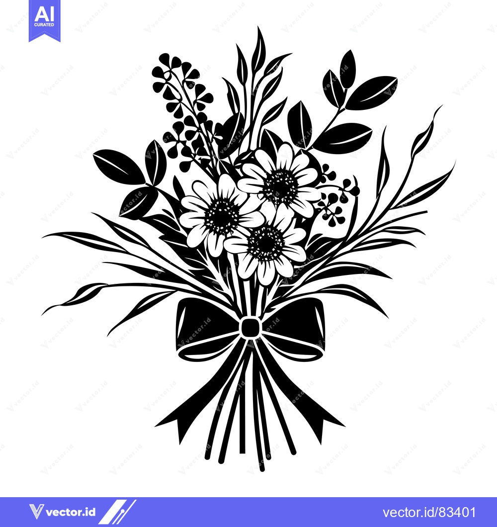 Premium Vector dari Black and White Silhouette of a Bouquet of Flowers with a Bow
