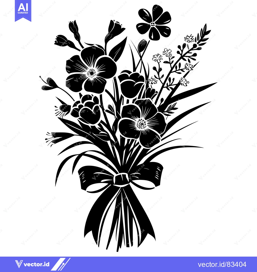 Premium Vector of Black and white silhouette of a bouquet of flowers with a bow