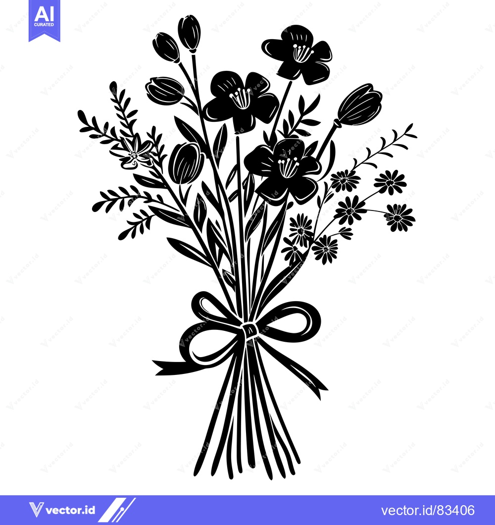 Premium Vector of A Black and White Silhouette of a Bouquet of Flowers Tied with a Bow