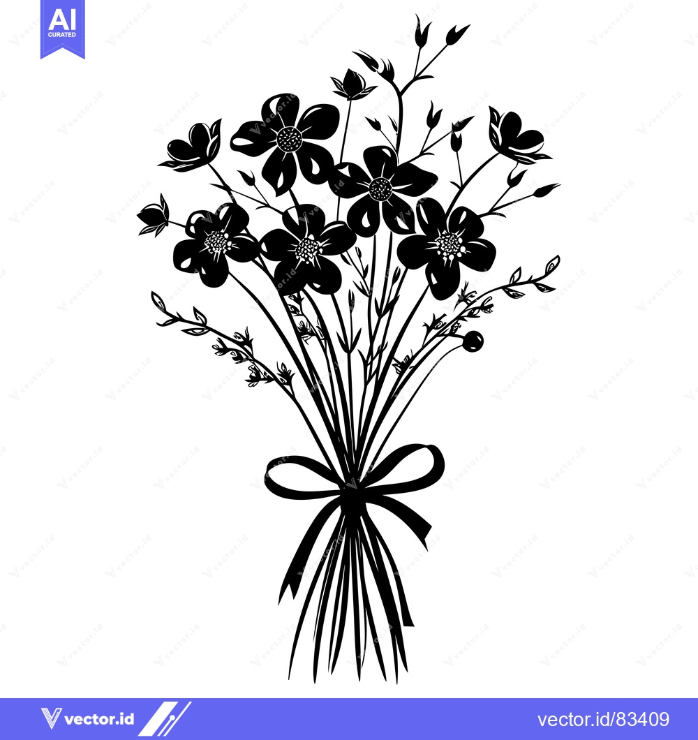 Premium Vector of Black and White Silhouette of a Bouquet of Flowers with a Bow