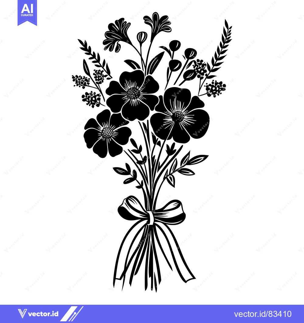 Premium Vector of Black and White Silhouette of a Flower Bouquet with a Bow