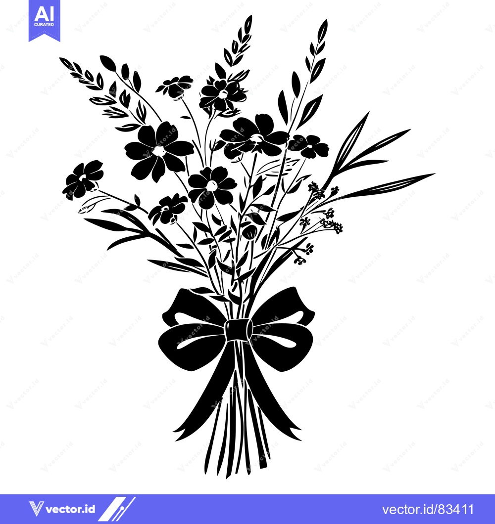 Premium Vector dari Black and White Silhouette of a Bouquet of Flowers Tied with a Bow