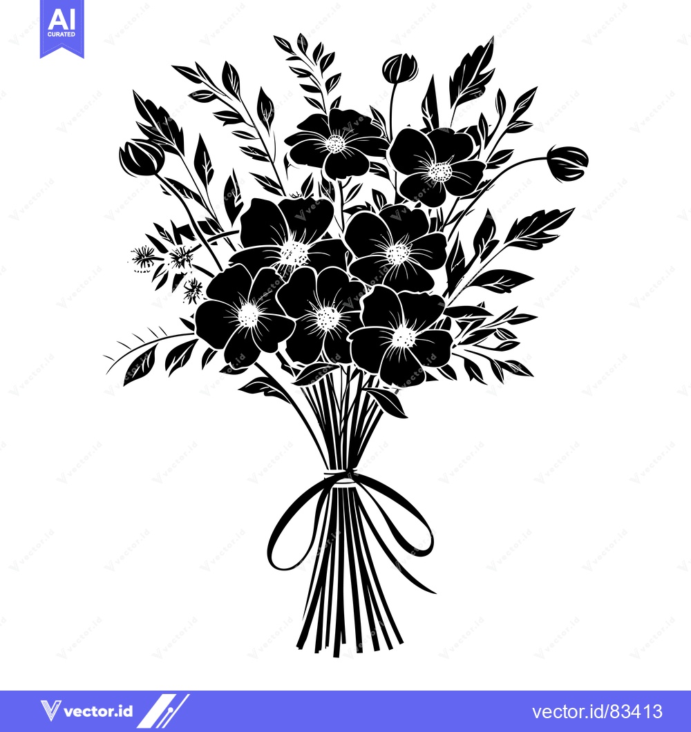 Premium Vector dari Black and White Silhouette of a Flower Bouquet with a Ribbon