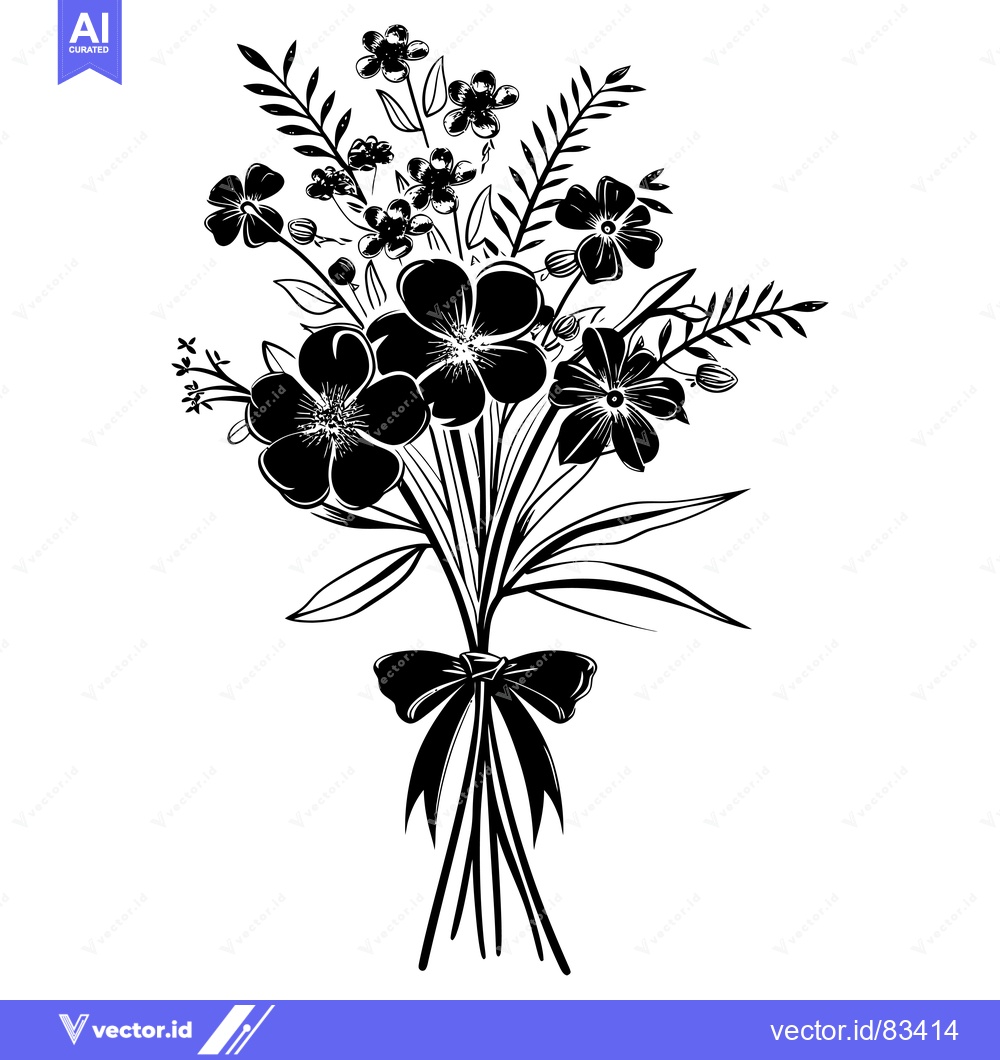 Premium Vector of Black and white silhouette of a bouquet of flowers tied with a bow