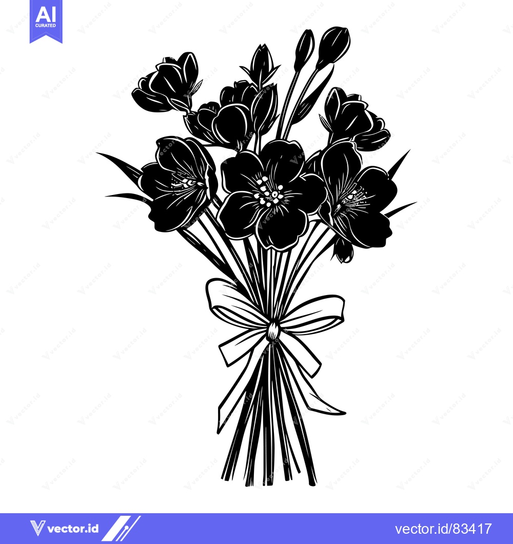 Premium Vector of Black and White Silhouette of a Flower Bouquet with a Bow