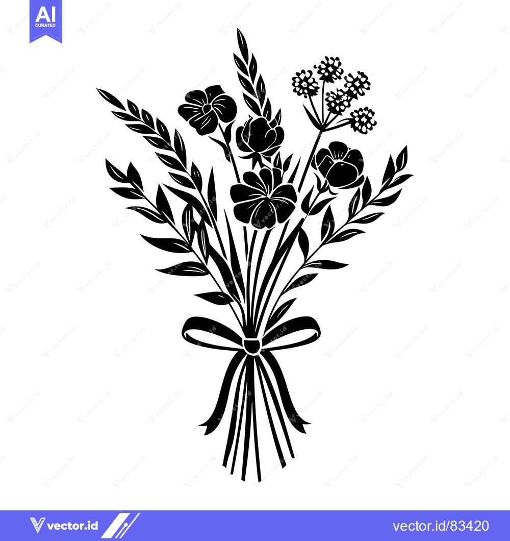 Premium Vector of Black and White Silhouette of a Bouquet of Flowers Tied with a Ribbon