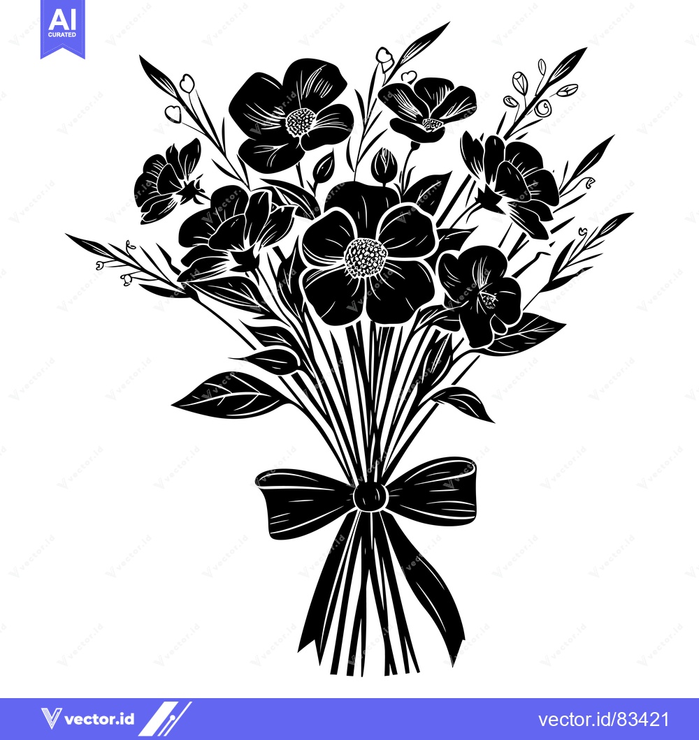 Premium Vector dari Black and White Silhouette of a Flower Bouquet with a Bow