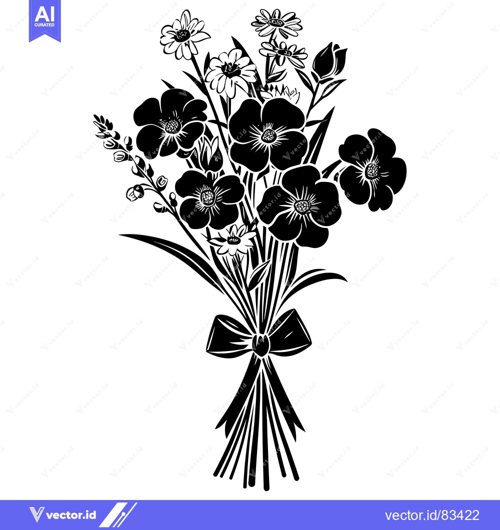 Premium Vector dari Black and White Silhouette of a Bouquet of Flowers with a Bow