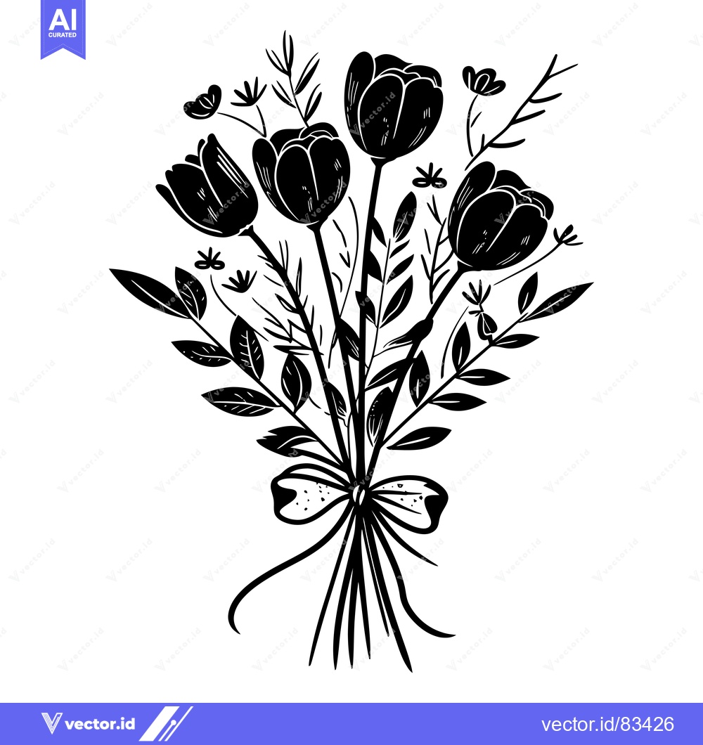 Premium Vector of A Black and White Silhouette of a Bouquet of Flowers with a Bow