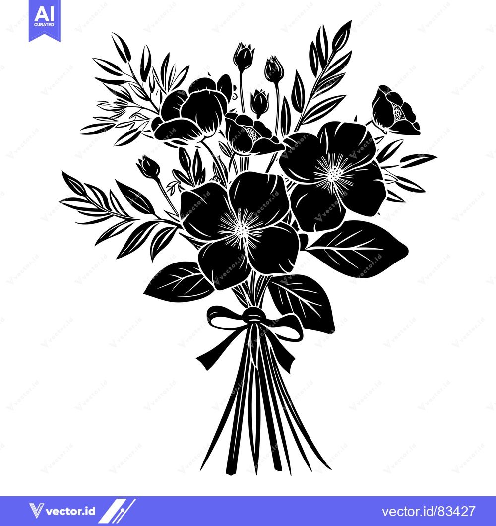 Premium Vector of Black and white silhouette of a bouquet of flowers tied with a bow