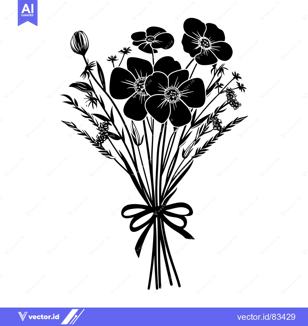 Premium Vector dari Black Silhouette of a Bouquet of Flowers with a Bow