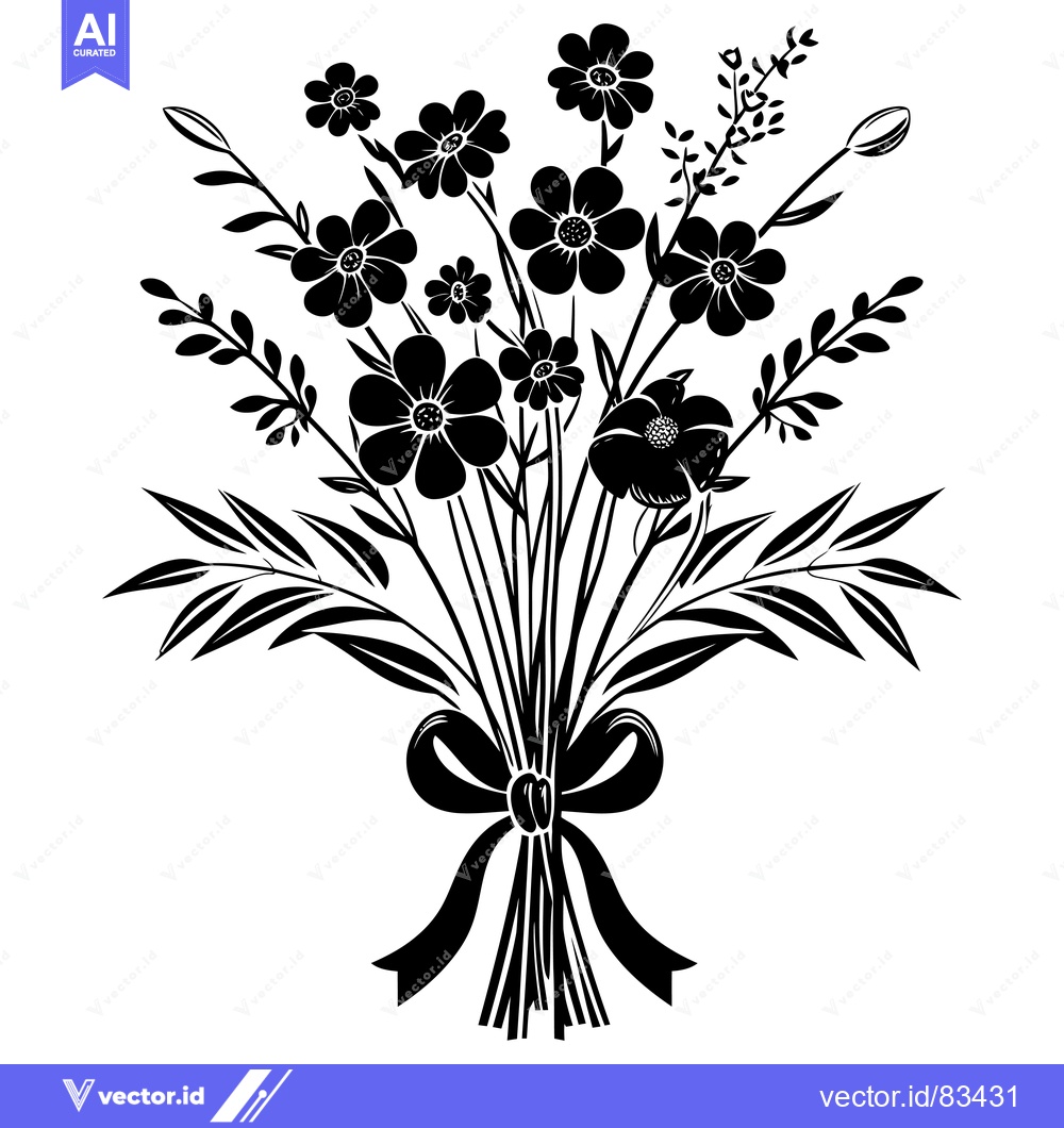 Premium Vector of Black and White Silhouette of a Bouquet of Flowers with a Bow
