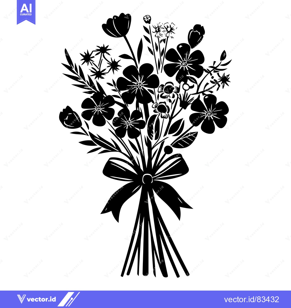 Premium Vector dari A Black and White Silhouette of a Bouquet of Flowers Tied with a Bow