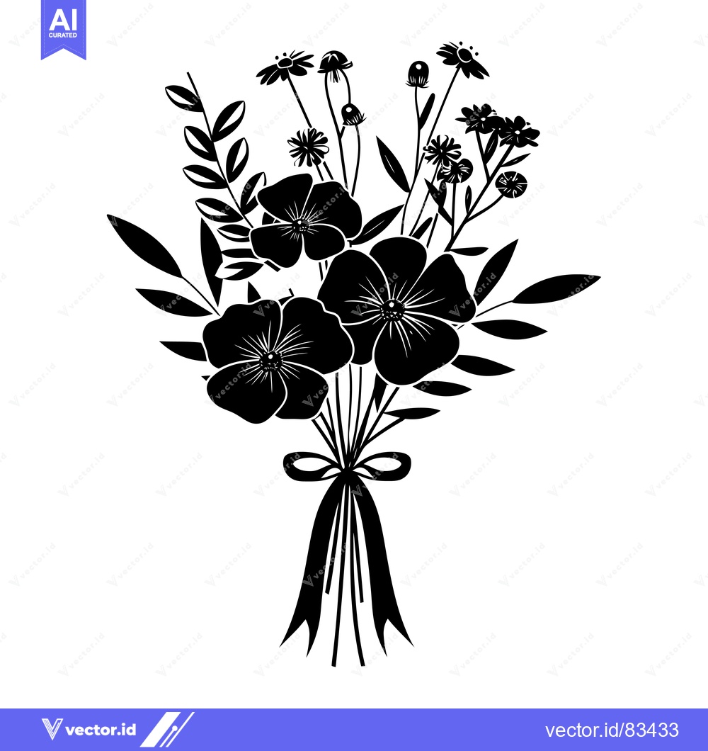 Premium Vector of Black Silhouette of a Tied Bouquet of Flowers and Leaves