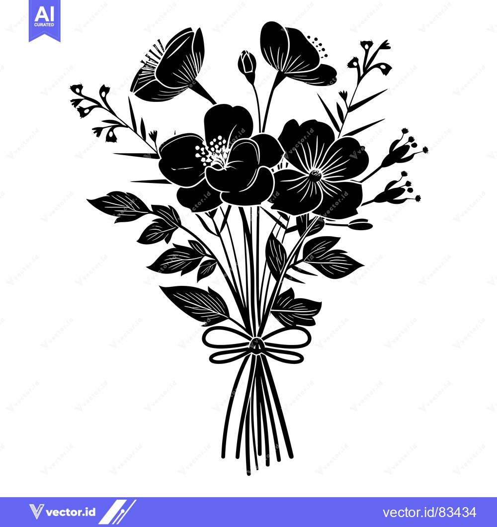 Premium Vector of Black and White Silhouette of a Bouquet of Flowers with a Bow
