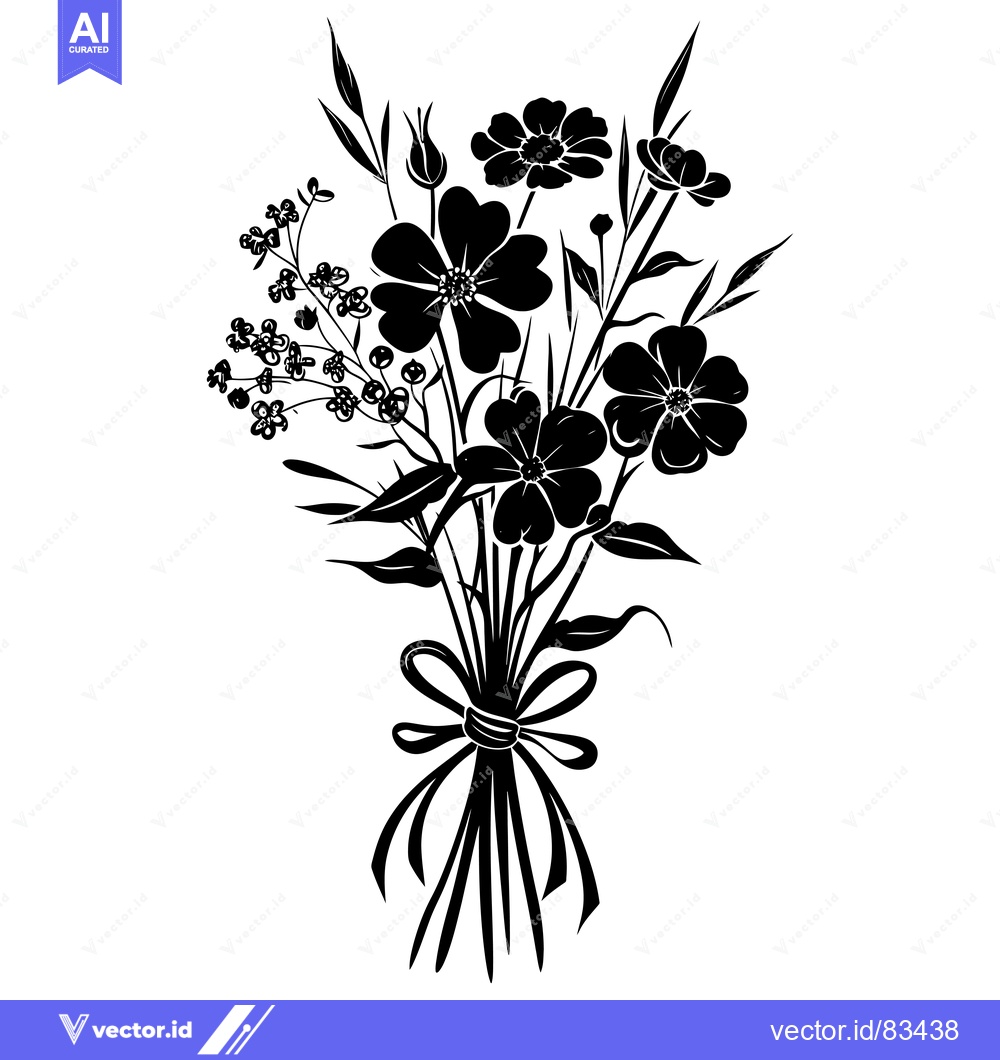 Premium Vector dari Black and White Silhouette of a Bouquet of Flowers with a Ribbon