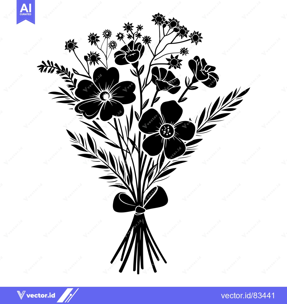 Premium Vector dari Black and White Silhouette of a Flower Bouquet with a Bow