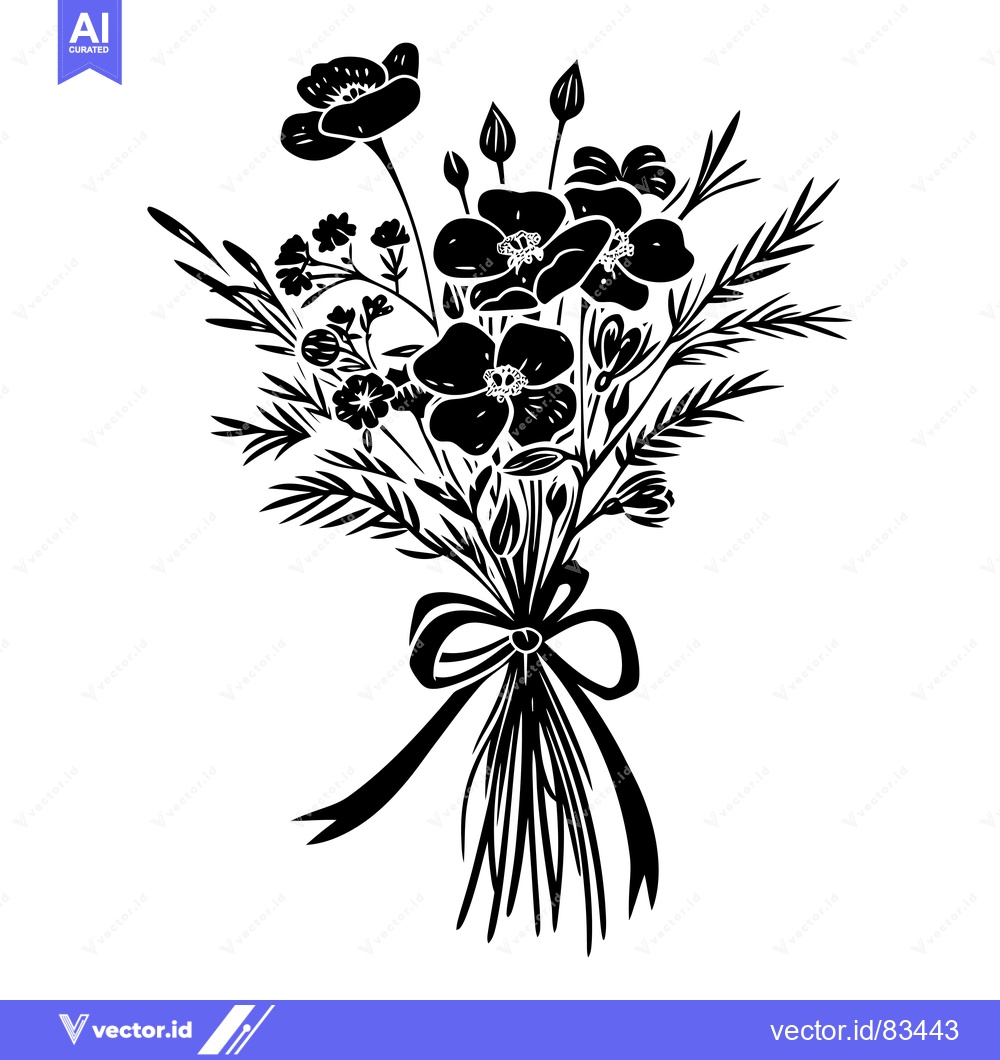 Premium Vector of Black and White Silhouette of a Bouquet of Flowers with a Bow