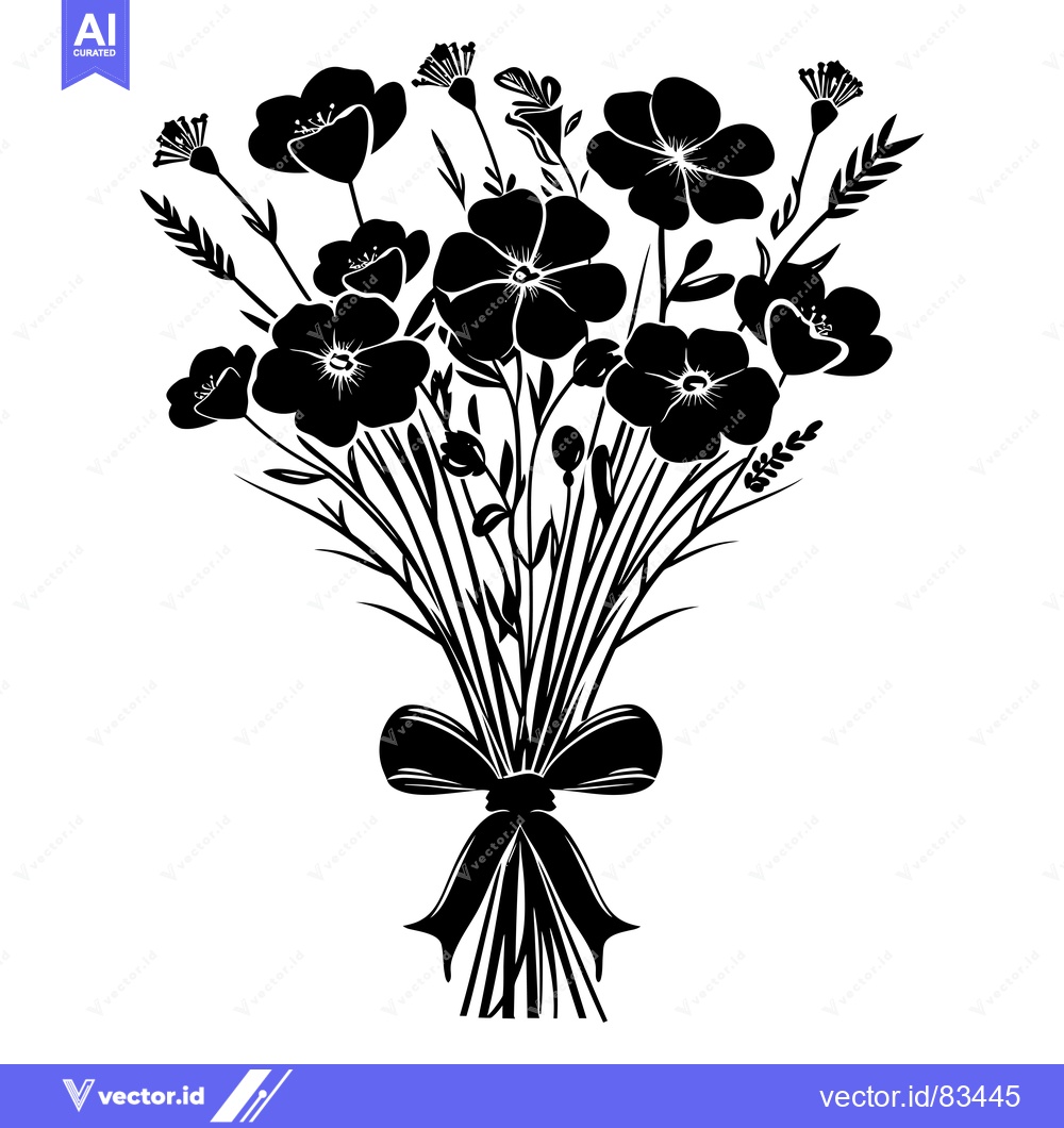 Premium Vector dari Black and White Silhouette of a Bouquet of Flowers with a Bow