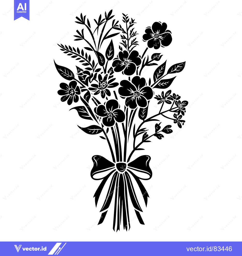 Premium Vector dari Black and White Silhouette of a Flower Bouquet Tied with a Bow