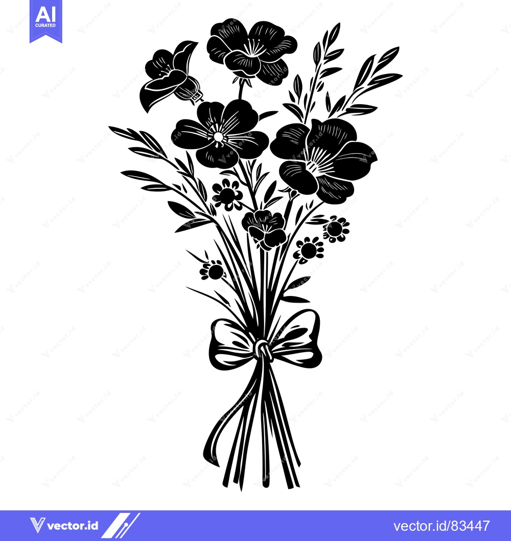 Premium Vector dari Black and White Silhouetted Bouquet of Flowers with a Bow