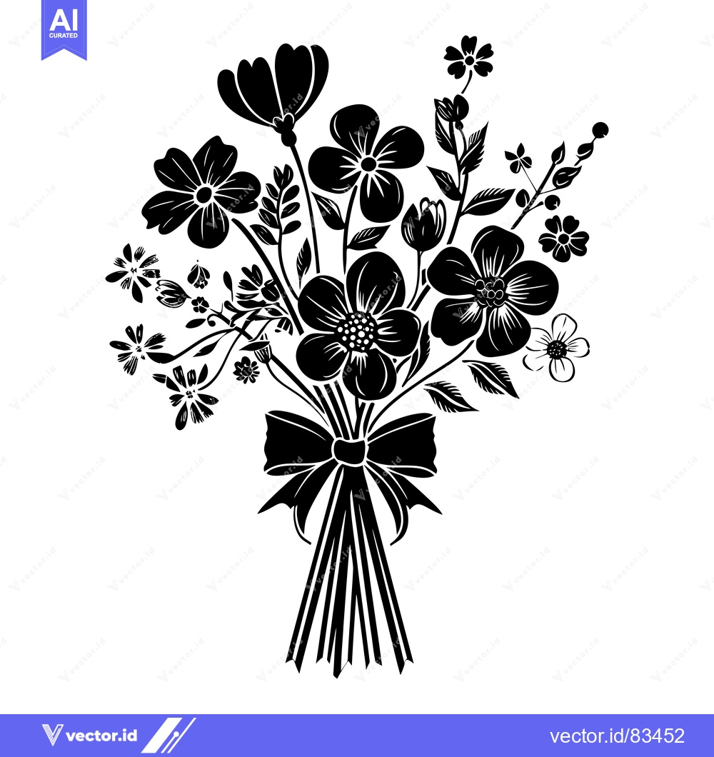 Premium Vector dari Black and White Silhouette of a Flower Bouquet with a Bow