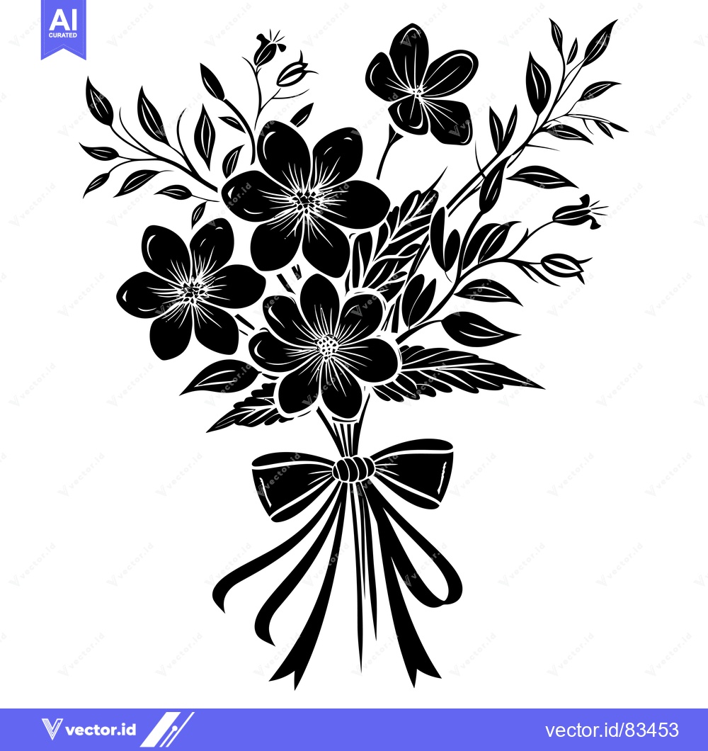 Premium Vector dari Black and White Silhouette of a Flower Bouquet with a Bow