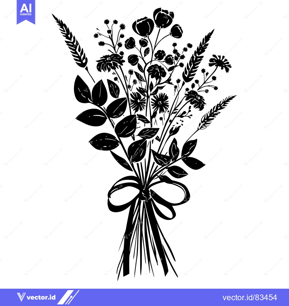Premium Vector of Black and White Silhouette of a Tied Bouquet of Flowers and Greenery