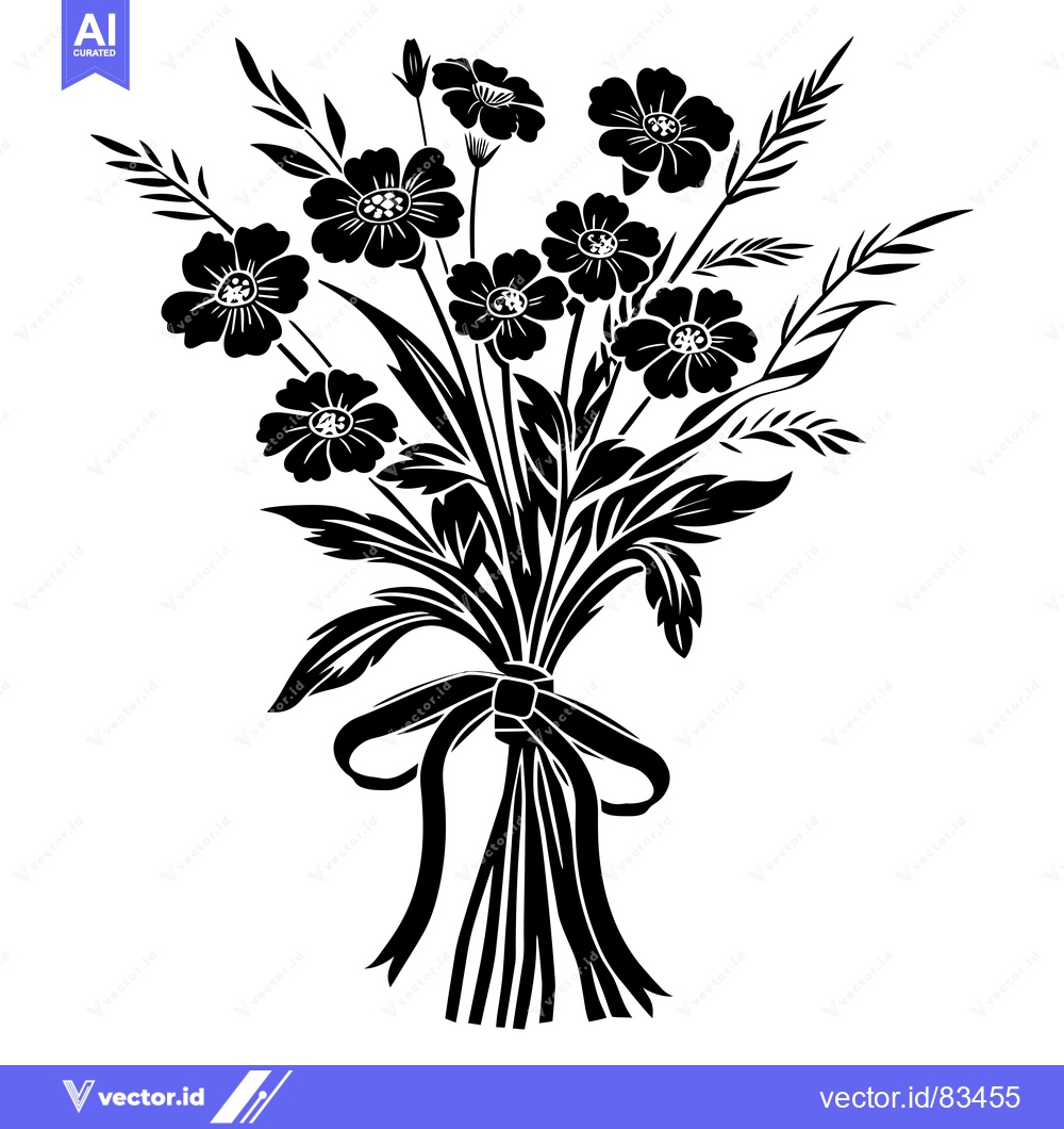 Premium Vector of A black and white silhouette of a bouquet of flowers tied with a bow